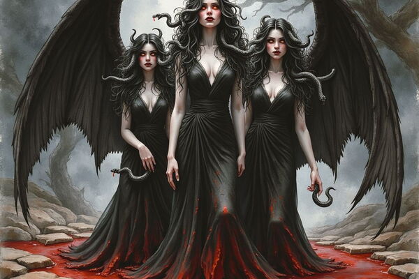 Drei Erinnyen mit langen schwarzen Haaren, roten Augen und Schlangen im Haar stehen in schwarzen Kleidern in einem Teich aus Blut. Zwei von ihnen haben große, schwarze Flügel, die sich hinter ihnen ausbreiten.
