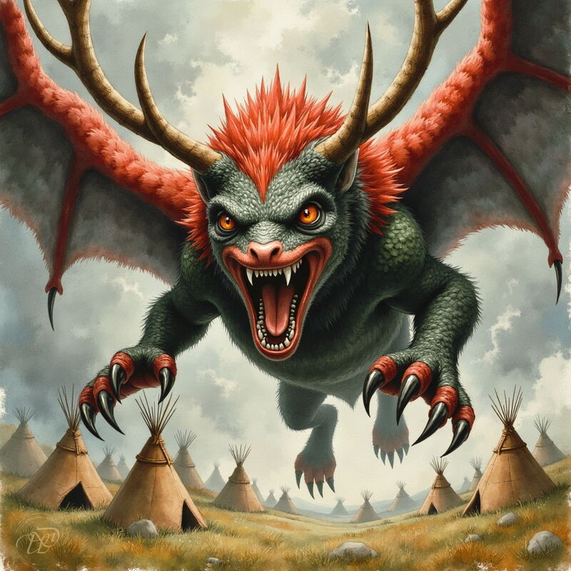 Das Piasa-Monster, eine geflügelte Kreatur mit grünem Körper, roten Flügeln, einem Geweih und scharfen Krallen, fliegt mit aufgerissenem Maul und leuchtenden Augen bedrohlich über ein Dorf aus Tipis.