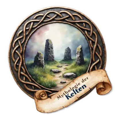 Ein mystischer Steinkreis auf einer Wiese, umrahmt von einem dunklen keltischen Flechtmuster-Ring.