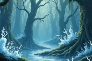 Gewundener Fluss in dunklem Wald mit Nebel und hellblau leuchtenden Eisgewächsen am Ufer im Nebelmoor