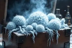 Nebelwurz, eine Ansammlung hellblauer, frostiger und stacheliger Pflanzenkugeln mit langen eisigen Wurzeln, die in einer geöffneten, metallbeschlagenen Holztruhe liegen