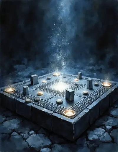 Ein altes ägyptisches Brettspiel aus dunklem Stein, dessen Spielfiguren in magischem Silberlicht leuchten.