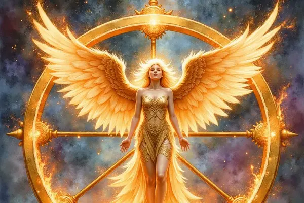 Ein Engel der Throne, dargestellt als Frau mit goldenen Flügeln, schwebt im Zentrum eines riesigen, brennenden Rades. Sie befindet sich vor einem kosmischen Sternenhimmel und symbolisiert göttliche Gerechtigkeit.