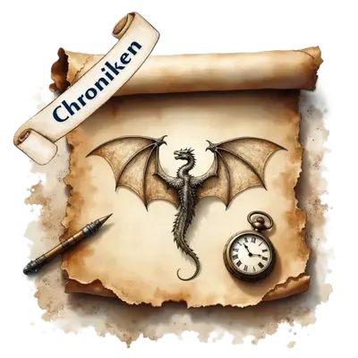 Pergament mit Drachenzeichnung, Schreibfeder und Taschenuhr; ein Banner oben zeigt den Text Chroniken.