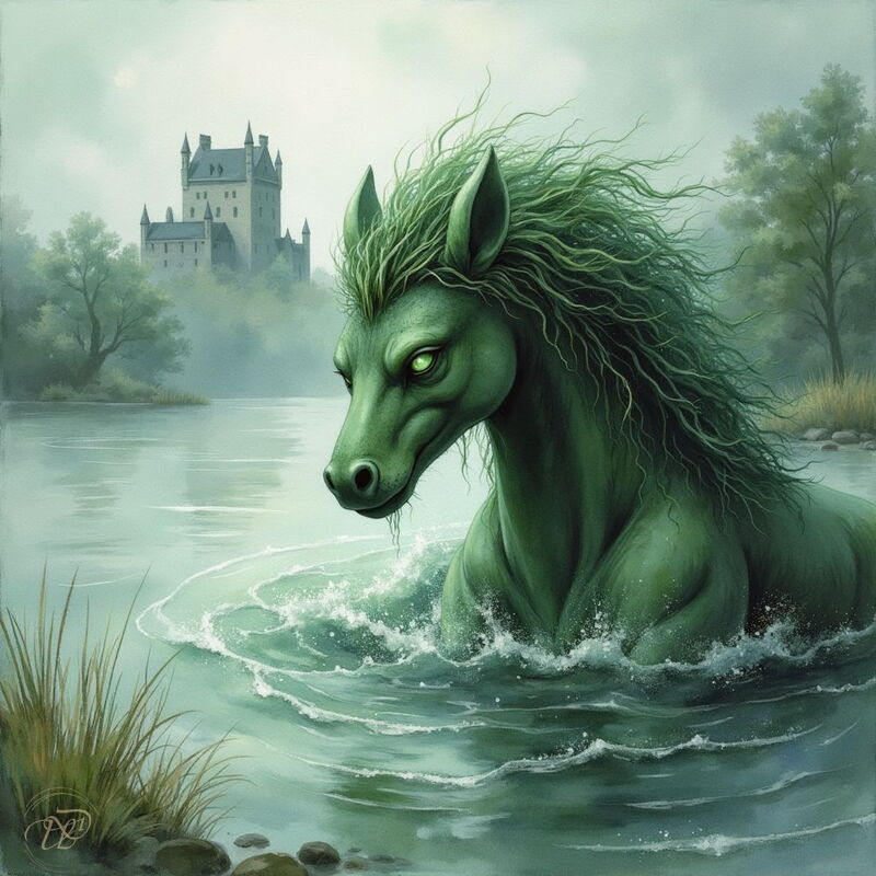 Ein unheimliches, grünes Wasserpferd, ein Kelpie, mit leuchtenden Augen und einer Mähne aus Seetang steigt aus einem schottischen Loch. Im nebligen Hintergrund ist eine Burg zu sehen.