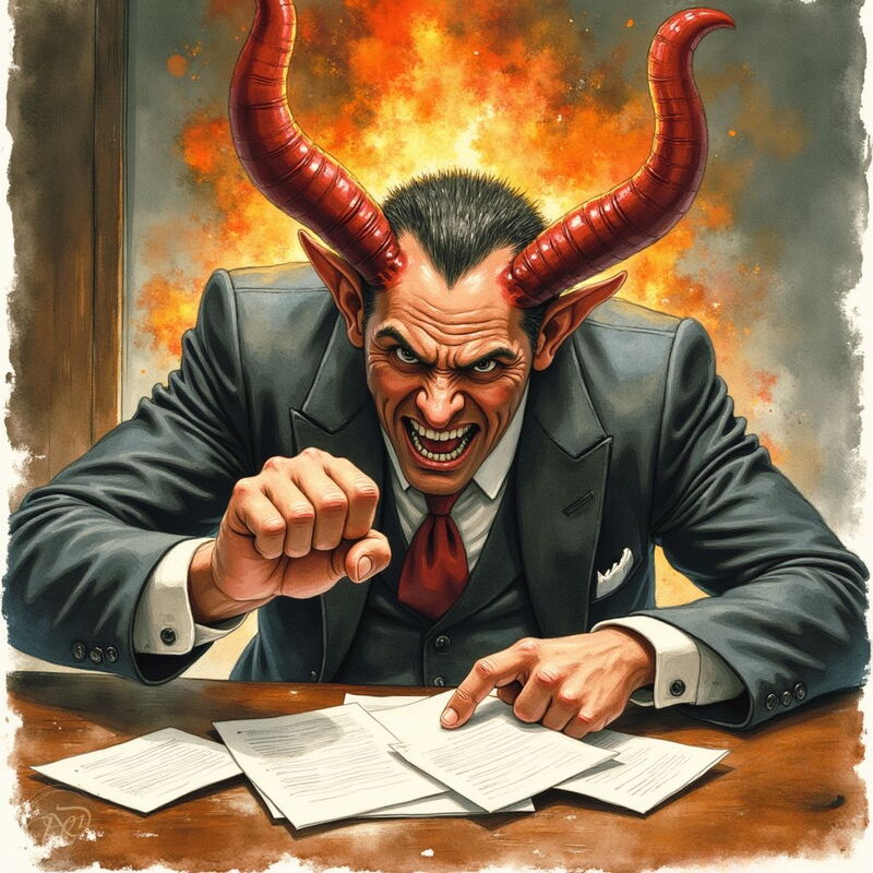 Satan mit großen roten Hörnern, gekleidet in einen Anzug, beugt sich über einen Schreibtisch und zeigt auf einen Vertrag. Er hat ein boshaftes Grinsen, und im Hintergrund ist eine feurige Explosion zu sehen.