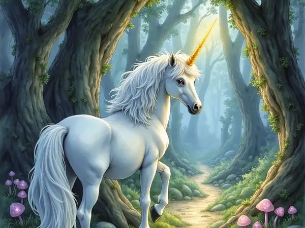 Weißes Einhorn mit goldenem Horn auf einem Waldpfad zwischen moosigen Bäumen und Pilzen