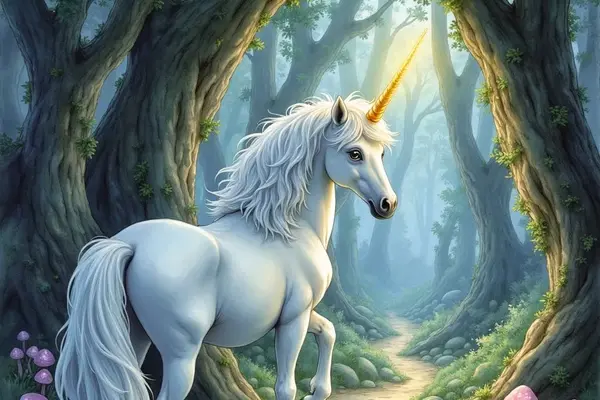 Weißes Einhorn mit goldenem Horn auf einem Waldpfad zwischen moosigen Bäumen und Pilzen