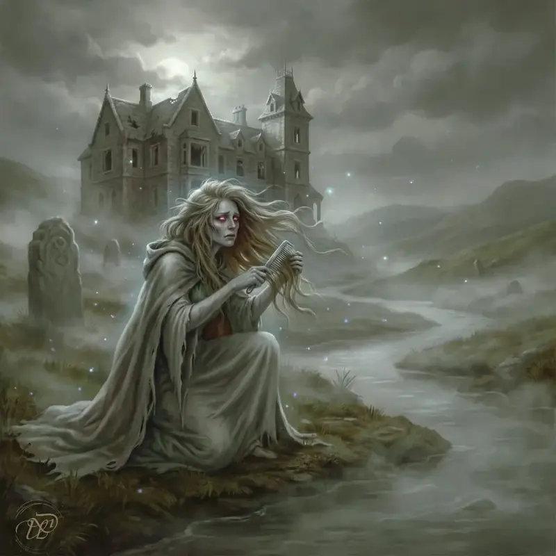 Eine hell leuchtende, geisterhafte Banshee kniet trauernd an einem nebligen Flussufer und kämmt ihr langes Haar, während ihre Augen rot glühen.