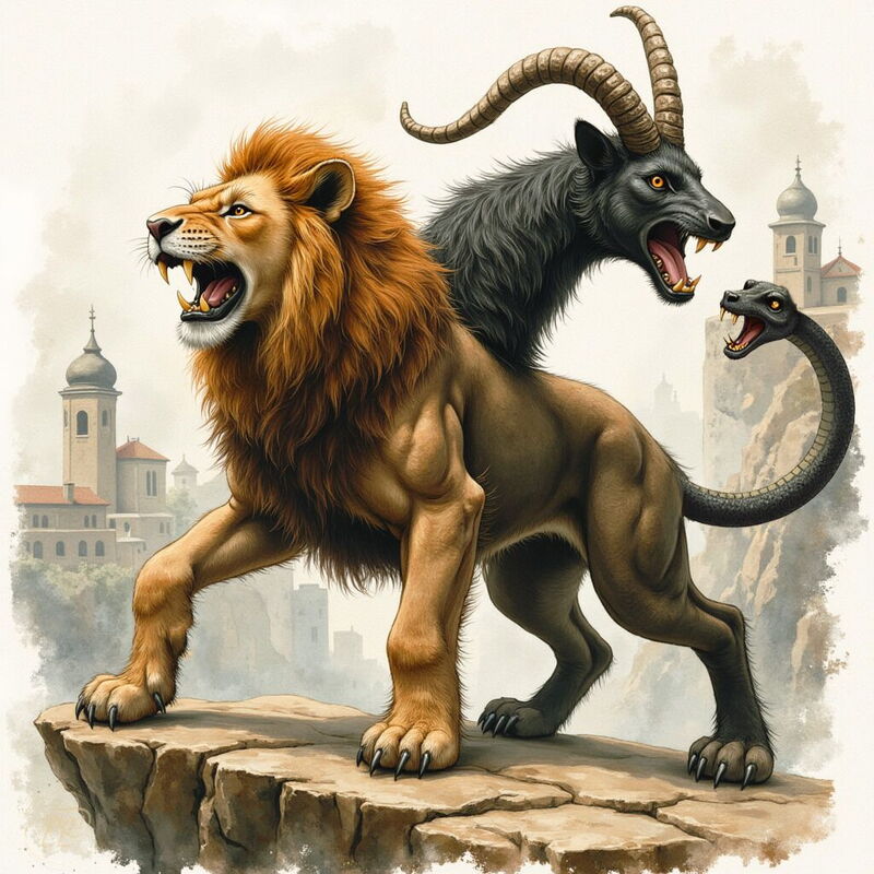 Eine majestätische Chimäre, ein Fabelwesen mit dem Körper eines Löwen, steht auf einer Felsklippe. Aus ihrem Rücken wächst ein wilder Ziegenkopf mit langen Hörnern und ihr Schwanz endet in einem zischenden Schlangenkopf. Im Hintergrund sind die Türme eine