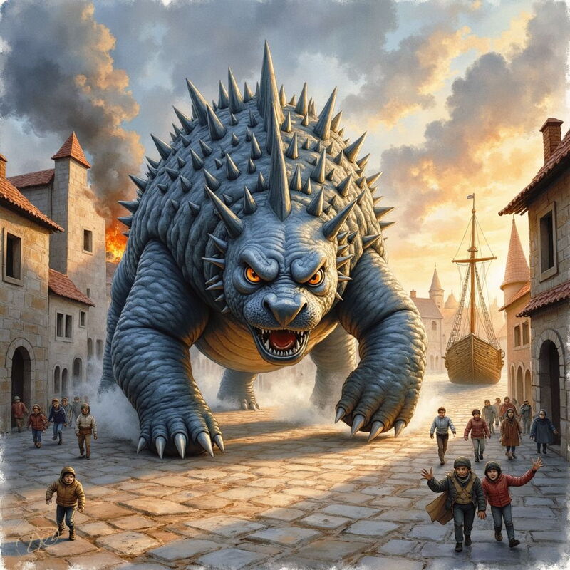 Eine riesige, schildkrötenartige Bestie mit einem stacheligen Panzer und leuchtend orangen Augen trampelt durch eine mittelalterliche Stadt. Menschen fliehen in Panik auf den gepflasterten Straßen, während im Hintergrund Gebäude brennen.