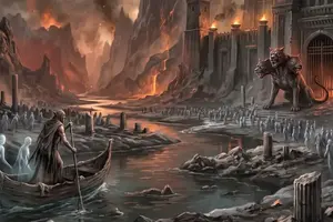 Charon überquert den Fluss zum Totenreich des Hades, bewacht vom Höllenhund Kerberos.