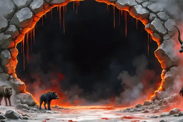 Eine dunkle Kapuzengestalt, Wölfe und ein gehörnter Dämon bewachen ein glühendes Felsportal für Vampire und Dämonen.