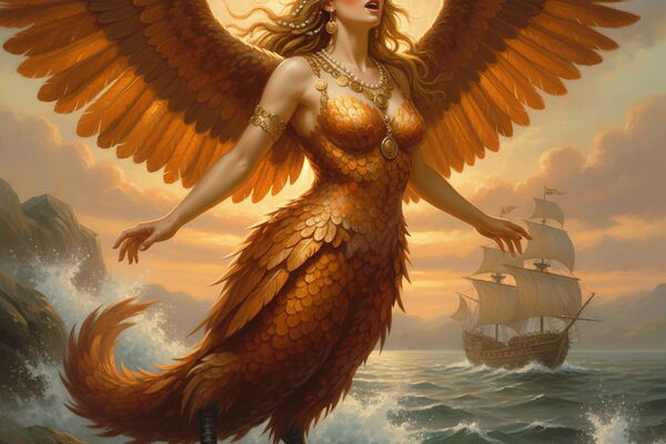 Eine Sirene in der Gestalt einer Frau mit großen, orange-goldenen Flügeln und Vogelbeinen steht singend auf einem Felsen am Meer. Im Hintergrund fährt bei Sonnenuntergang ein historisches Segelschiff auf den tosenden Wellen.