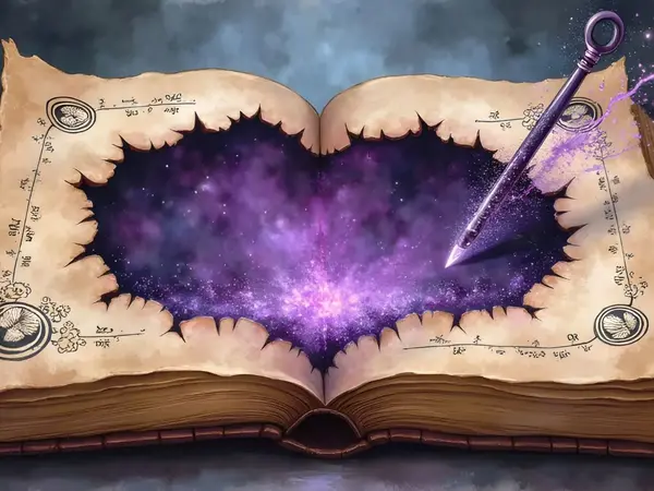 Aufgeschlagenes Buch mit galaktischem Zentrum, umgeben von Kerzen und einer schwebenden, lila leuchtenden Feder.