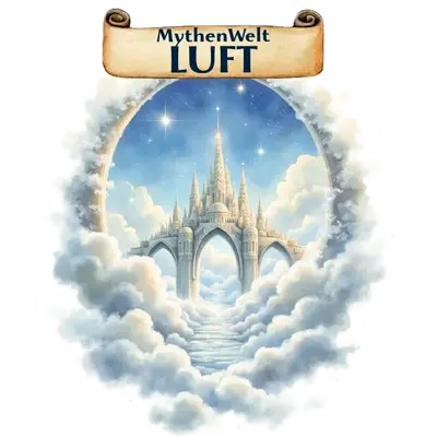 Wolkenportal mit Blick auf ein weißes Schloss im Sternenhimmel; ein Banner oben zeigt die Aufschrift Fantasywelt Luft.