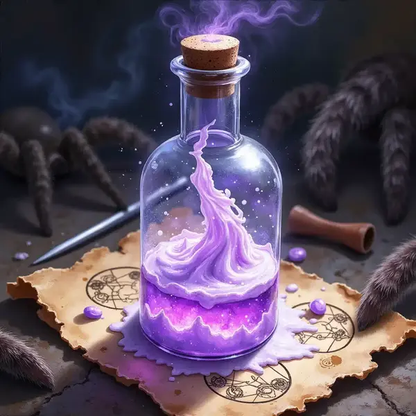 Alchemistische Phiole mit zähflüssigem, violett schimmerndem Grabspinnen-Gift auf Pergament.