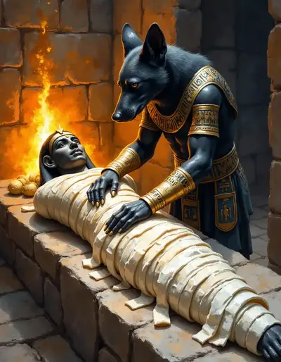 Der schakalköpfige Gott Anubis bandagiert den Körper des Osiris mit weißen Leinen, Ägyptische Mythologie