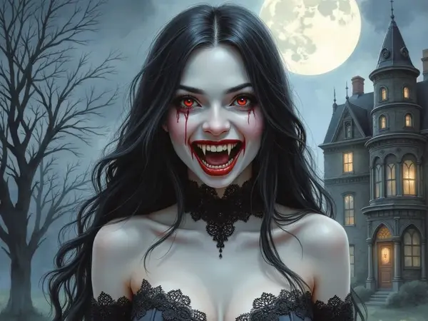 Eine Vampirin mit langen schwarzen Haaren, leuchtend roten Augen und blutigen Tränen grinst und zeigt ihre spitzen Fänge. Im Hintergrund stehen eine unheimliche Villa und ein kahler Baum vor dem Vollmond.