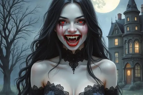 Eine Vampirin mit langen schwarzen Haaren, leuchtend roten Augen und blutigen Tränen grinst und zeigt ihre spitzen Fänge. Im Hintergrund stehen eine unheimliche Villa und ein kahler Baum vor dem Vollmond.