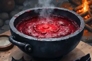 Drachenblut in einem schweren dunklen Eisenkessel, als dickflüssige, leuchtend rote und stark blubbernde Substanz, aus deren Mitte dichter heißer Dampf aufsteigt