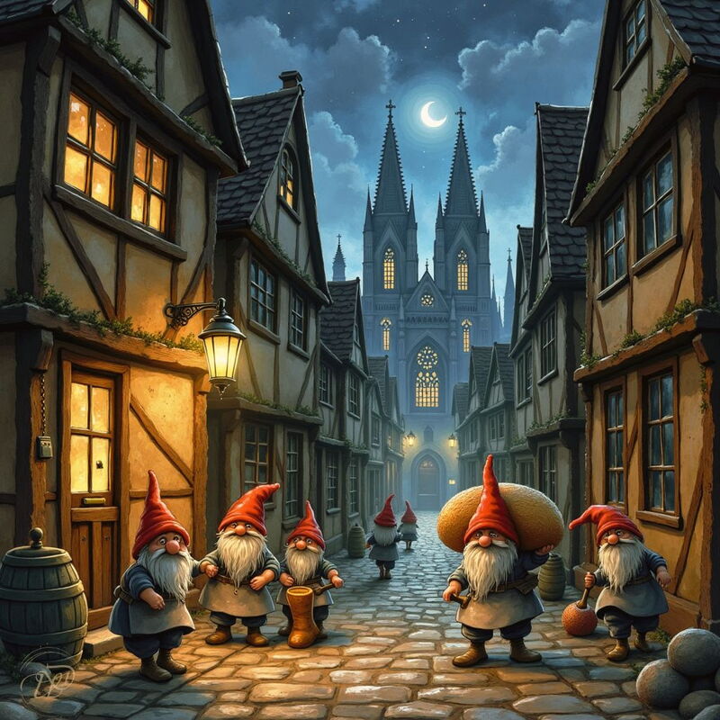 Eine Gruppe von Heinzelmännchen mit roten Mützen und weißen Bärten arbeitet nachts auf der gepflasterten Gasse des mittelalterlichen Köln.