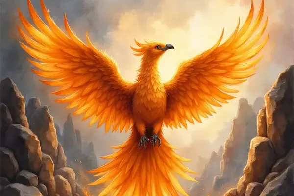 Ein majestätischer, orangeroter Phönix mit weit ausgebreiteten, leuchtenden Flügeln steigt aus seinem brennenden Nest aus Glut und Asche in einer felsigen Schlucht empor.