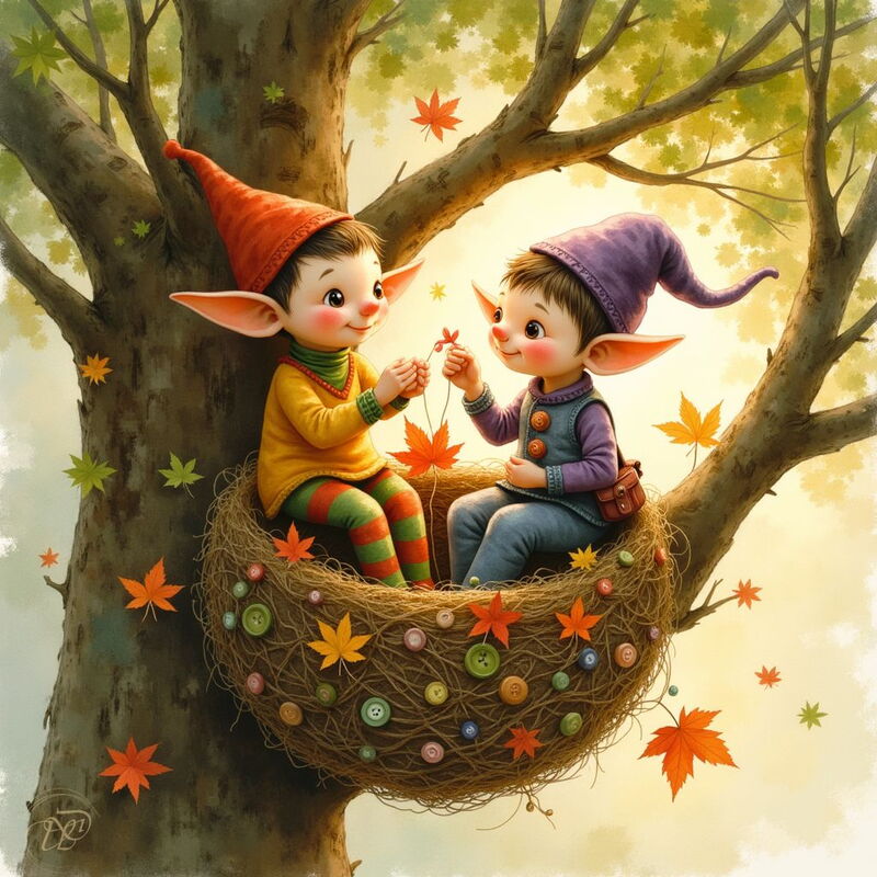 Zwei niedliche Wichtel-Kinder mit spitzen Ohren und bunten Mützen sitzen in einem grossen, mit Knöpfen geschmückten Nest in einem Baum. Ein Wichtel überreicht dem anderen eine Blume, während Herbstblätter um sie herum fallen.