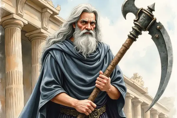 Der Titan Kronos als alter Mann mit langem weissem Bart und Haar, der in eine dunkle Robe gekleidet ist und vor einem antiken Tempel steht, während er eine grosse Sense mit beiden Händen hält.