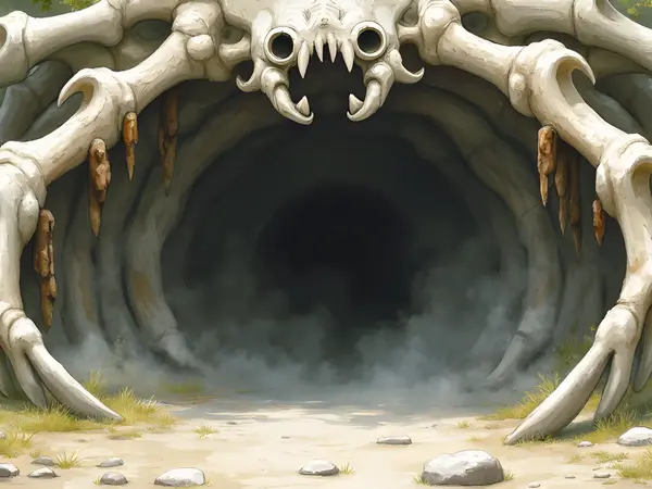 Ein Greif und ein gehörntes Fabeltier vor einer riesigen Höhle aus Knochen in der Rubrik Fabeltiere.