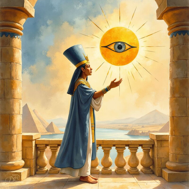 Der Pharao Echnaton in königlichen Gewändern und mit blauer Krone steht auf einem Balkon mit Blick auf die Pyramiden. Er verehrt den Sonnengott Aton, dargestellt als leuchtende Sonnenscheibe mit einem Auge im Zentrum, die am Himmel schwebt.