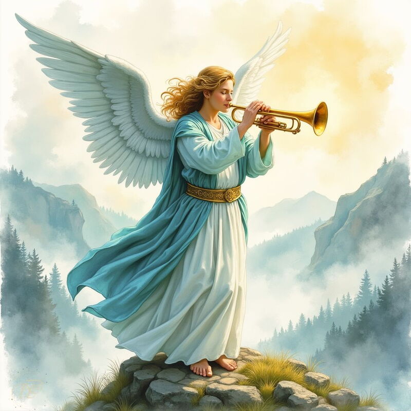 Erzengel Gabriel mit blonden Haaren und weissen Flügeln steht barfuss auf einem Berggipfel. Gekleidet in ein weiss-blaues Gewand, bläst der Engel in eine goldene Trompete, umgeben von einer nebligen Berglandschaft.