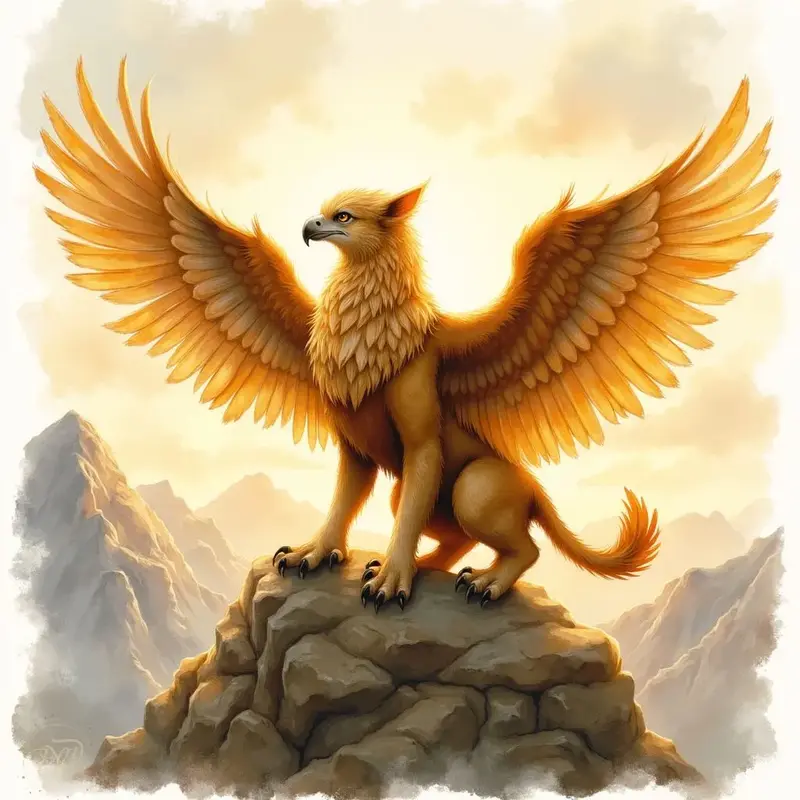 Ein majestätischer, goldener Greif mit dem Körper eines Löwen und dem Kopf eines Adlers thront mit weit ausgebreiteten Flügeln auf einer felsigen Bergspitze. Im Hintergrund erstreckt sich eine Gebirgslandschaft unter einem hellen, sonnendurchfluteten Himm