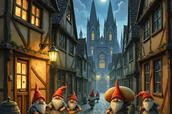 Eine Gruppe von Heinzelmännchen mit roten Mützen und weißen Bärten arbeitet nachts auf der gepflasterten Gasse des mittelalterlichen Köln.