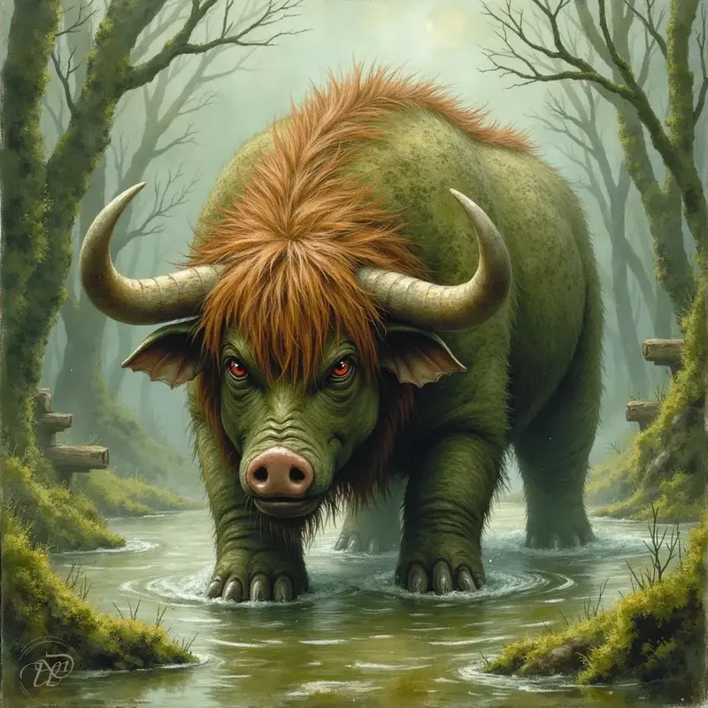 Das stierähnliche Fabelwesen Katoblepas mit grünem Zottelfell, einer dichten roten Mähne, großen Hörnern und rot glühenden Augen steht in einem nebligen Sumpf zwischen kahlen Bäumen.