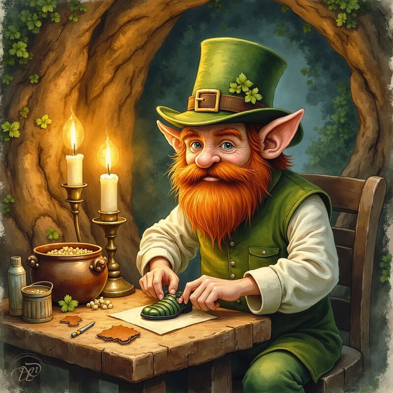 Ein Leprechaun mit rotem Bart und grünem Zylinder sitzt an einem Holztisch und repariert einen kleinen Schuh. Die Szene in seiner gemütlichen Werkstatt wird von zwei Kerzen beleuchtet, während ein Topf voller Goldstücke neben ihm steht.
