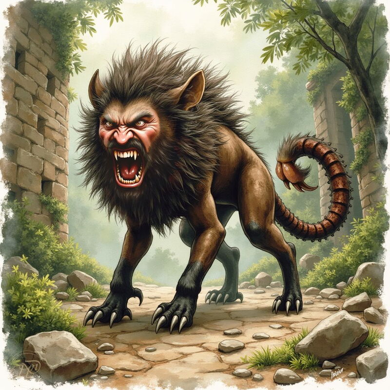 Ein furchteinflößender Mantikor mit dem Körper eines Löwen, dem Gesicht eines zornigen Mannes, einer stacheligen Mähne und einem Skorpionschwanz steht aggressiv auf einem steinernen Pfad zwischen Ruinen.