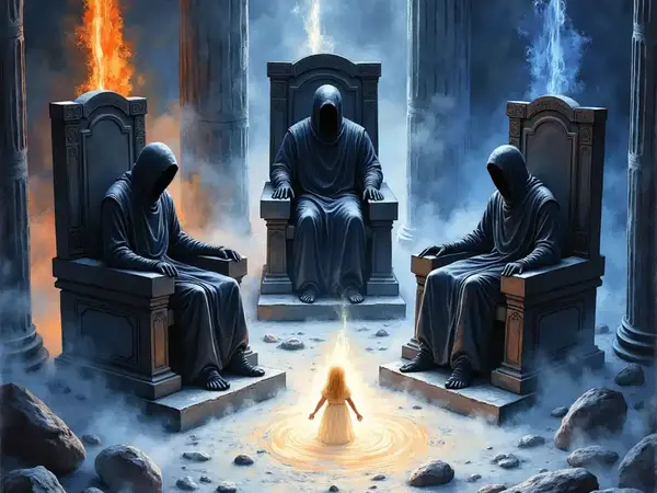 Drei riesige Richter der Unterwelt urteilen über eine leuchtende Seele vor dem Hintergrund von Feuerflüssen und Elysius.