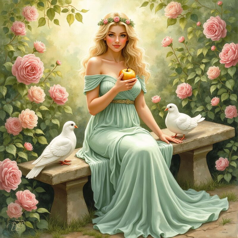 Die griechische Göttin Aphrodite mit langen, blonden Haaren und einem Rosenkranz im Haar. Sie sitzt in einem Rosengarten auf einer Steinbank, trägt ein fließendes, meergrünes Kleid und hält den goldenen Apfel des Eris in ihren Händen, während zwei weiße T