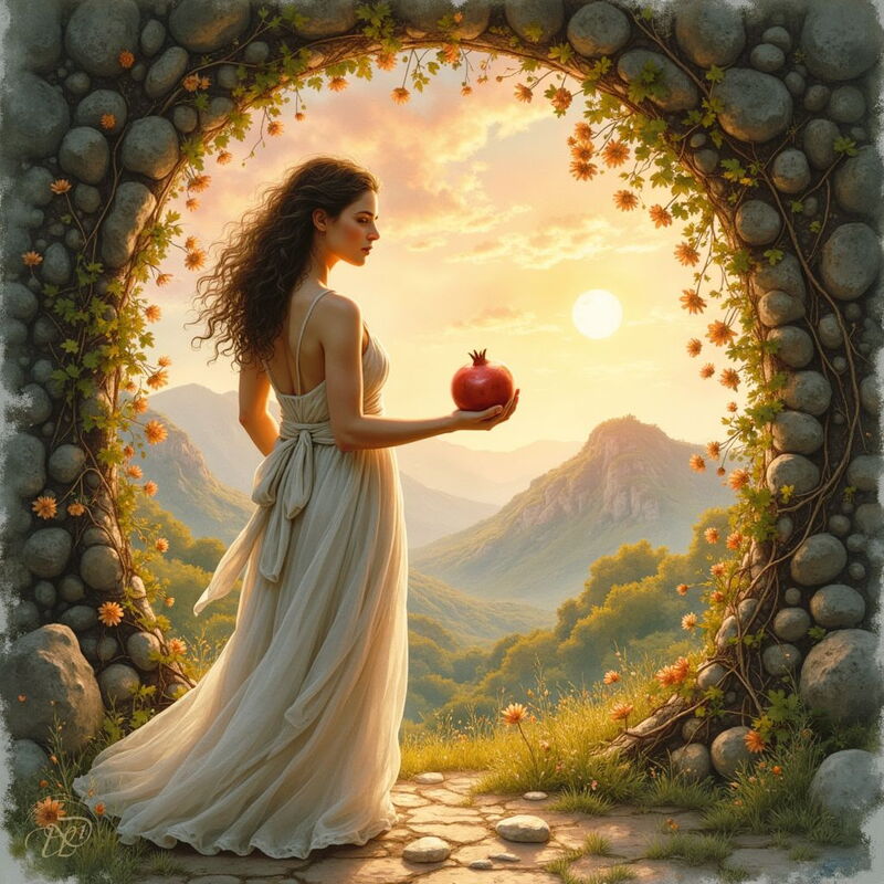 Die Göttin Persephone in einem hellen, fließenden Kleid steht in einem runden, von Pflanzen umrankten Steinbogen und hält einen roten Granatapfel in der Hand, während sie auf eine sonnendurchflutete Berglandschaft blickt.