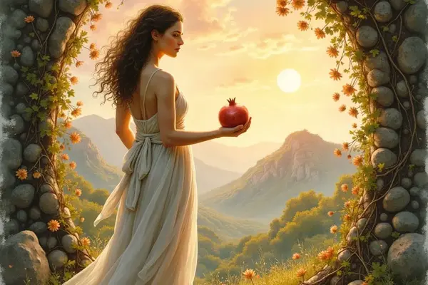 Die Göttin Persephone in einem hellen, fließenden Kleid steht in einem runden, von Pflanzen umrankten Steinbogen und hält einen roten Granatapfel in der Hand, während sie auf eine sonnendurchflutete Berglandschaft blickt.