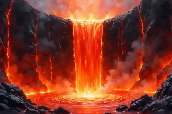 Der reißende Phlegethon als hell leuchtender Feuerfluss in der dunklen Unterwelt des Tartaros.