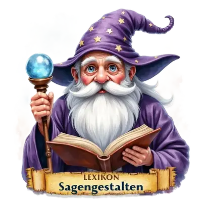 Ein gütiger Zauberer mit lila Sternenhut und weißem Bart liest in einem Buch und hält einen Leuchtstab.