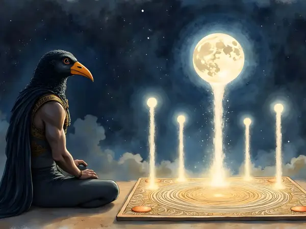 Der ägyptische Gott Thot mit einem Ibiskopf spielt ein magisches Brettspiel gegen das Mondlicht, aus dem fünf leuchtende Säulen in den Nachthimmel aufsteigen.