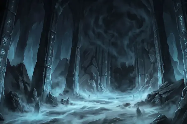 Geisterhafte Seelen durchschreiten das Tor des Erebos, im Nebel bewacht vom dreiköpfigen Kerberos.