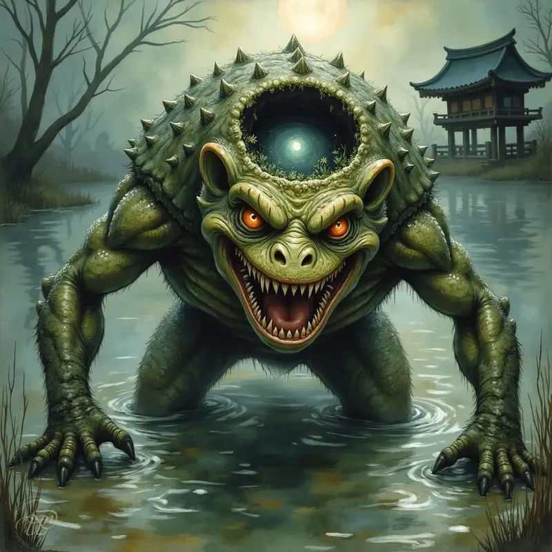 Ein monströser, grüner Kappa mit leuchtend roten Augen und einem breiten Grinsen voller spitzer Zähne steigt nachts aus einem See. In der schalenförmigen Vertiefung auf seinem Kopf leuchtet Wasser, und im Hintergrund steht eine Pagode.