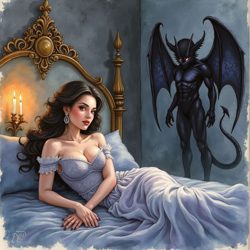 Eine Sukkubus in Gestalt einer schönen Frau mit langen schwarzen Haaren liegt in einem eleganten Kleid auf einem Bett. Im Schatten hinter ihr steht ihre wahre dämonische Form: eine geflügelte Kreatur mit leuchtenden Augen.