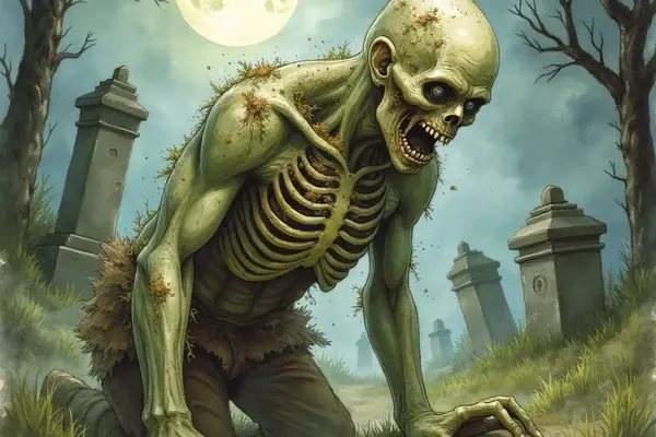 Ein verwesender, grünlicher Zombie mit entblößtem Brustkorb und leeren Augen kriecht auf einem Friedhof aus dem Boden. Im Hintergrund sind Grabsteine und ein großer Vollmond zu sehen.