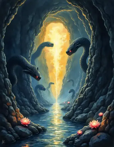 Riesige Schlangen an einem schwarzen, unterirdischen Fluss in der ägyptischen Unterwelt weichen vor einem goldenen Licht zurück