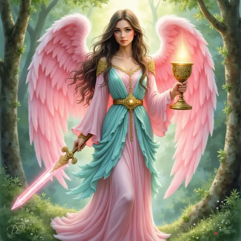 Erzengel Chamuel als anmutige Frau mit langen braunen Haaren und grossen rosa Engelsflügeln in einem lichten Wald. Sie trägt ein rosa-türkises Kleid und hält in ihren Händen einen leuchtenden Kelch und ein glänzendes rosa Schwert.